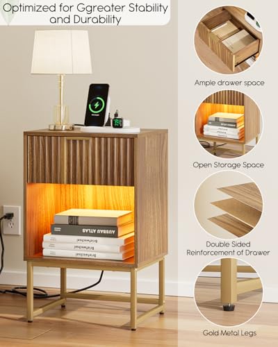 Image of Masupu Fluted Nightstand with Charging Station and LED Lights,Modern Night Stand Wood Bedside Table with Storage Drawer Side End Table for Bedroom,Office,Walnut Brown