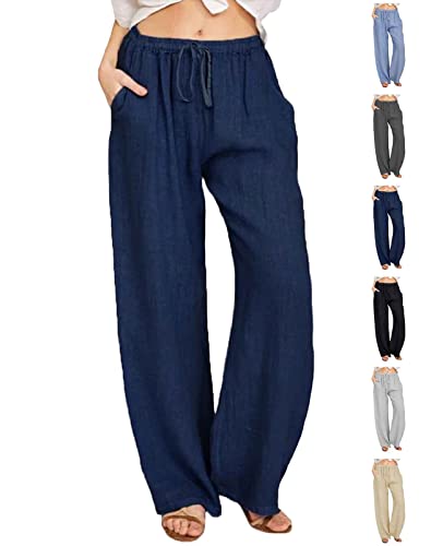 CheChury Women Linen Summer Casual Baggy Trousers Elastic Waist Drawstring Pants with Pockets Loose Fit Plain Blue CheChury Women Linen Summer Casual Baggy Trousers Elastic Waist Drawstring Pants with Pockets Loose Fit Plain Blue