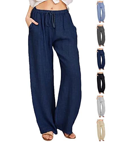 CheChury Damen Leinenhose Weite Sommerhosen Leicht mit Elastischem Bund Casual Loose Fit Trousers Freizeithose mit Taschen Frauen Hosen Hippie Boho Haremshosen