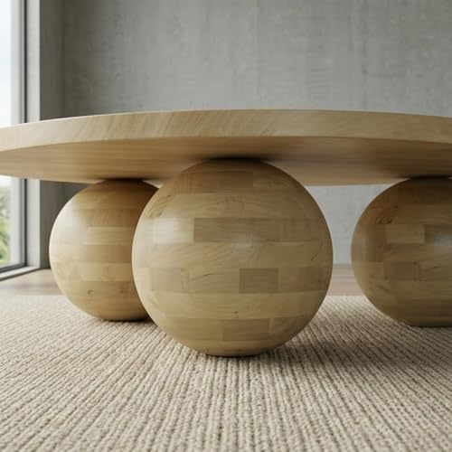 Image of Solid Mango Wood Modern - Round Coffee Table with Ball Shape Base - Bohemian Solid Wood Coffee Table for Office and Living Room C#058 (Natural)