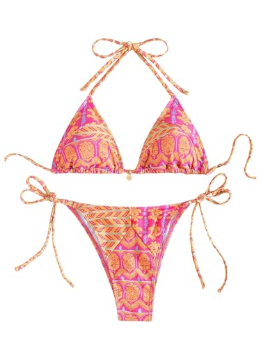 QJQ Women's 2 Piece Bikini Sets Floral Boho Halter Triangle Bathing Suit Tie Side Sexy Cheeky String Swimsuit