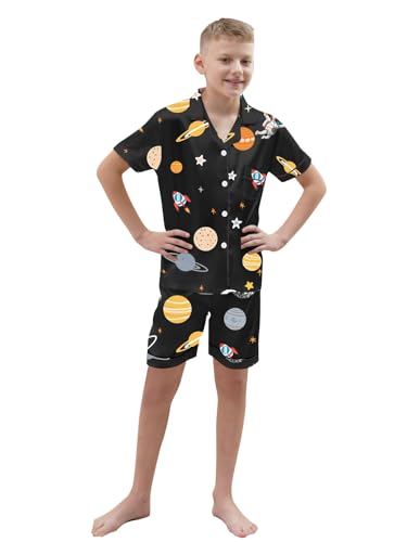 Schbbbta Kids Satin Pajamas Sets Girls Boys Button-Down Pjs Short Sleeve Silk Nightwear, Black Astronaut, 11-12 Years = Tag 1604