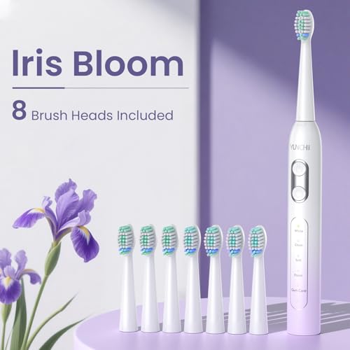 YUNCHI C2 Elektrische Zahnbürste mit 40000 VPM, Schallzahnbürste für Erwachsene & Kinder, USB-C Ladung, 30 Tage Akkulaufzeit, 5 Putzmodi, 2-Min-Timer, 8 Bürstenköpfen, Reiseetui, Lila und Weiß – Bild 3
