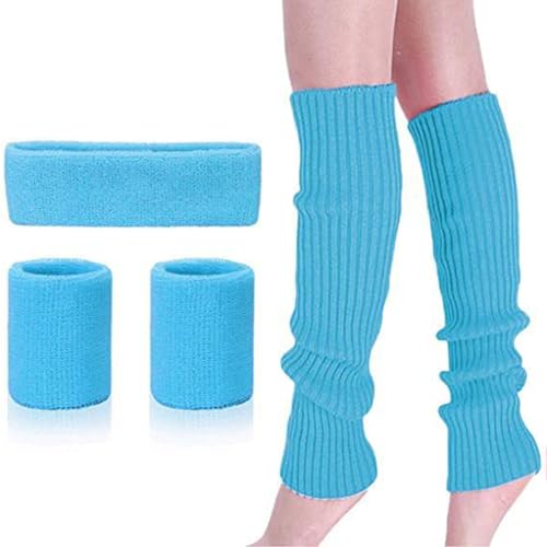 Sexybody Ribbed Knitted Leg Warmers Sweatband Set 80s Neon Running Headband and Wristband for Women & Girls Party Sports Yoga