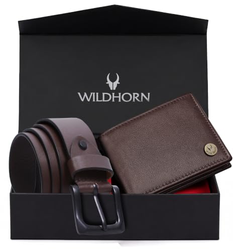 Image of WildHorn Gift Hamper for Men I RFID Protected Leather Wallet & Belt Combo Gift Set I Gift for Friend, Boyfriend,Husband,Father, Son Etc (Carob Brown & Brown)