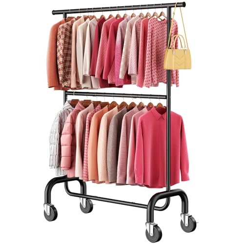 LZNIOZ Heavy Duty Clothes Rack Load 600 LBS, Rolling Clothing Rack for Hanging Clothes with Lockable Wheels, Double Rod Garment Rack for Bedroom, Laundry, Living Room, Black