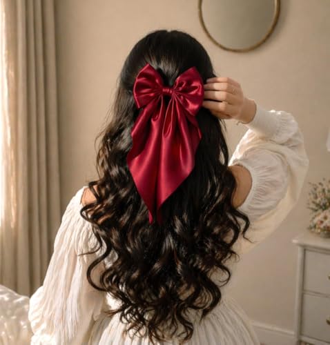 Image of 2 Pack Red & Pink Satin Hair Bow Clips for Women, Cute Hair Accessories for Girls, Hair Bow Clips for Women and Girls, Luxury Silky Satin, Hair Clip - Hair Bows for Women, Bow Hair Clips