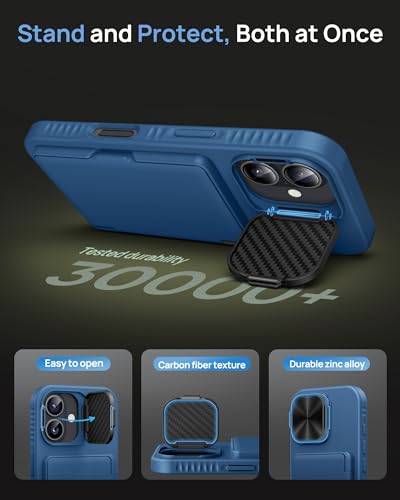 Image of for iPhone 16 Case with Card Holder, Built-in Stand & Camera Lens Cover, Shockproof Rugged Silicone Raised Edge Protective Multifunctional Wallet Phone Case Cover for iPhone 16 6.1 inch 2024, Blue