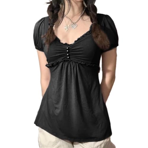 Women Y2K Fairy Grunge Crop Top Vintage Aesthetic Puff Short Sleeves Slim Babyboll Shirt Cute Coquette Top Clothes