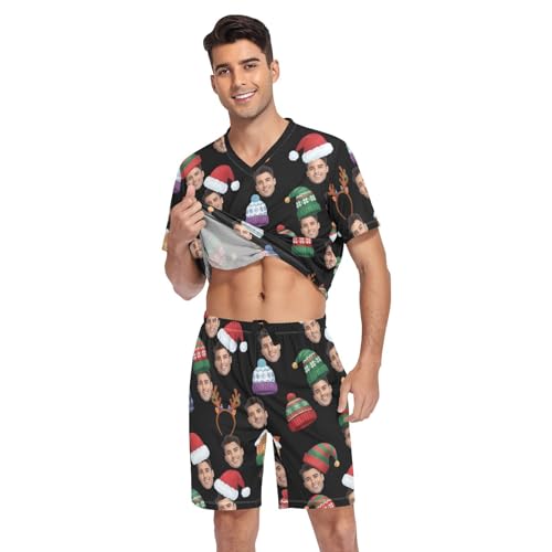 KLL Custom Face Christmas Colorful Hat Cupcake V Neck Sleepwear Men's Pajamas Short Sleeve Tops & Shorts 2 Piece3