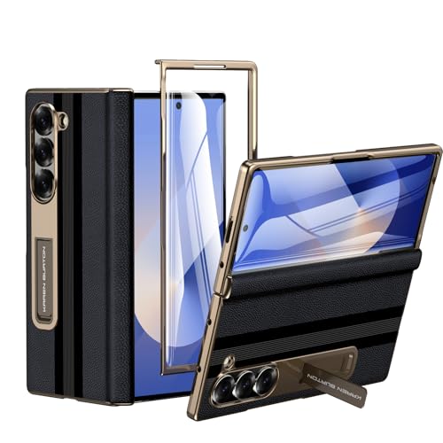 for Samsung Galaxy Z Fold 6 Phone Case [Luxury Premier Genuine Leather] [Full Body Hinge Protection] [Built-in Screen Protector] [Kickstand Slim Protective Cover] for Galaxy Z Fold6 (Black)