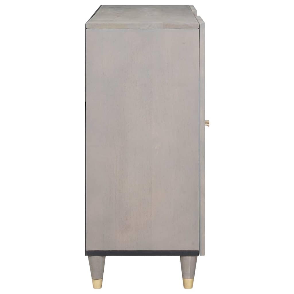 Credenza grigio e oro in legno massello mango 90 x 33 x 75 cm con pomelli in ottone e design serigrafato, vano portaoggetti con 2 ante a cerniera per soggiorno, media, hifi e stoccaggio