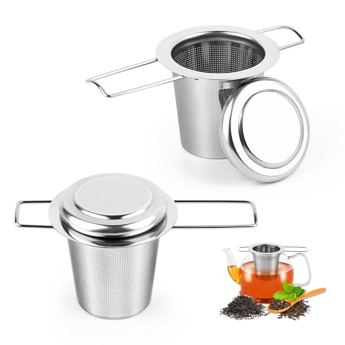 2 Stück Teesieb für Losen Tee, MXTIMWAN Teesieb Edelstahl für Tasse, Teefilter Edelstahl mit Deckel und Faltbare Griffe, Feinmaschiges Tea Infuser für Teekanne, Tasse, Becher, Spülmaschinenfest