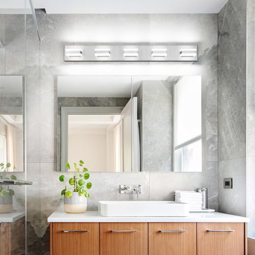 Image of SOLFART 5 Light Bathroom Vanity Light Brushed Nickel Bathroom Vanity Light Fixtures Over Mirror Led Lights for Restroom Nickel ETL Listed