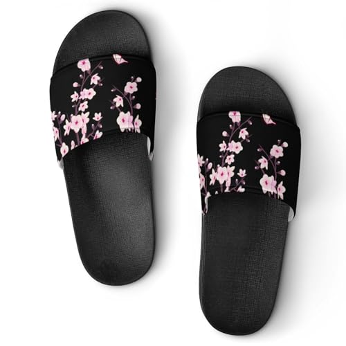 Floral Cherry Blossoms Black Pink Womens Slide Sandals Non Slip Summer House Slippers for Girls Slip-on Flip Flops