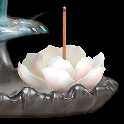 SOLEJAZZ Backflow-Incense-Burner Lotus Ceramic Incense Holder with 120 Incense Cones + 30 Incense Sticks for Home Decor Yoga Craftwork Figurine, Blue - Thumbnail 3