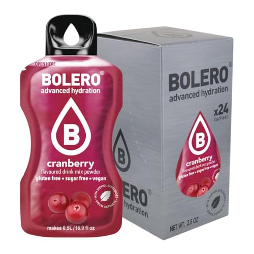 Bolero Drink 24 bolsitas 3 gr Sticks Frutas Preparado Polvo Soluble Para Bebida Fresca en Agua Producto, 72 gramos endulzado con stevia (Cranberry)