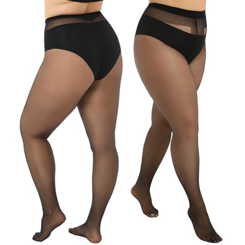 WiliW 2 Pairs Plus Size Sheer Tights for Women 20D Ultra Thin T-Crotch High Waist Pantyhose Stockings4