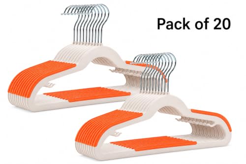Image of Anti Slip Clothes Hangers - Space Saving Dry & Wet Hangers with Non-Slip Pads - Heavy Duty Coat, Suit, Underwear, Pants, Shirts (Orange, Pack of 20)