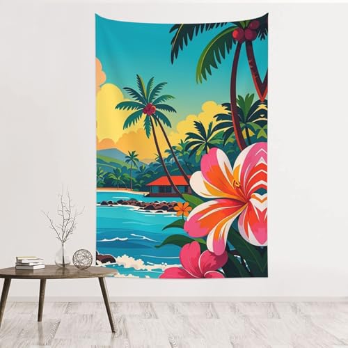 Tapisserie murale Hello Hawaï 152x101 cm en velours pêche pour décoration de salon