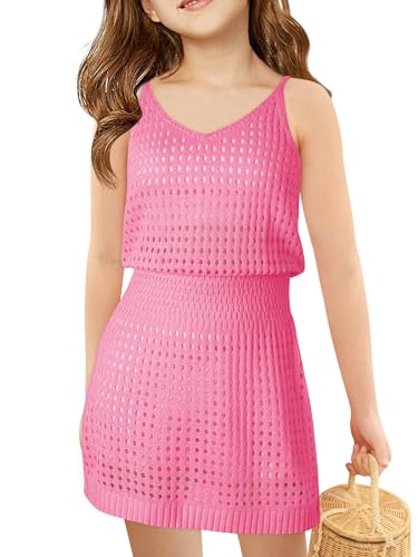 Image of Haloumoning Girls Sleeveless Crochet Swimsuit Cover Up Kids Summer Hollow Out Knitted Beach Dress 7-14 Years