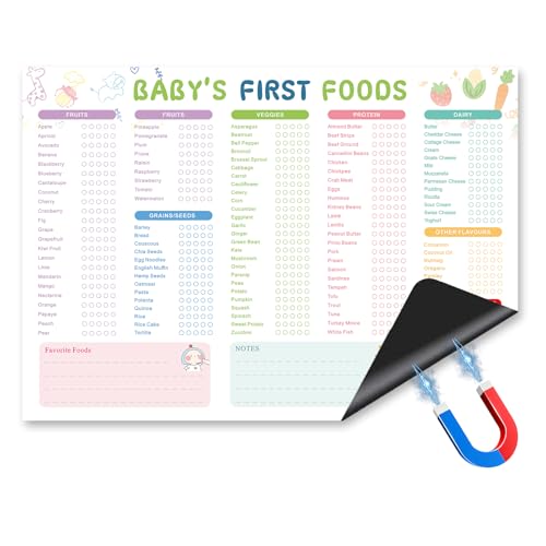 Image of First Foods Tracker Fridge Magnet – Baby Feeding Chart & Daily Food Log, Dry Erase Reusable Checklist for Introducing Solids, 9x13 Inch