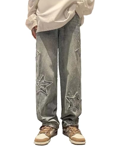 jupkem Men's Y2K Baggy Jeans Star Pattern Wide-Leg Retro Distressed Gothic Denim Pants Casual Fashion Street Style Clothing