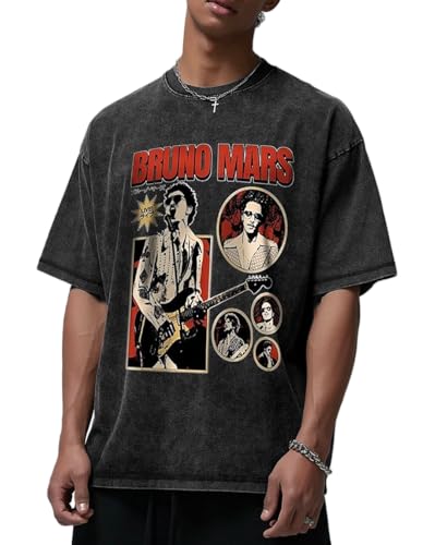BRUNO MARS グラフィックTシャツ ブラック　S ヴィンテージ Bruno Pop Mars Oversized T-Shirt Cotton Vintage Acid Wash Round