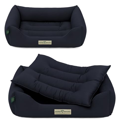 HOUND & NATURE Cama ecológica para perros Bern | Suave y suave | Talla S para perros pequeños - Cama para perros acogedora lavable con cojín reversible (S - 75 x 60 cm, azul oscuro)