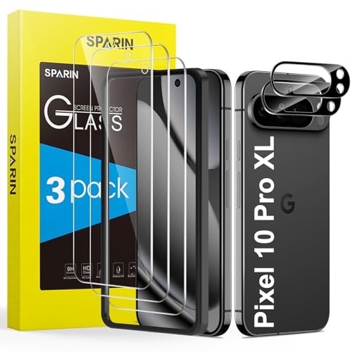SPARIN für Google Pixel 10 Pro XL Panzer Schutz Glas 3 Stück Schutzfolie und 2 Stück Kameraschutz mit Montage Rahmen 9H Härte Kompatibel mit Fingerabdrucksensor