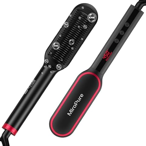 MiroPure Hair Straightener Brush, Hair Straightener Comb, 2-in-1 Ionic Straightening Brush with LCD Display, 13 Temperature Settings 30s Fast Even Heating Dual Voltage, Anti-Scald Cover