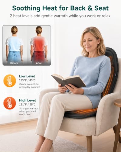 Image of Snailax Back Massager with Heat, Memory Foam Chair Massage Pad, 6 Vibrating Motors & 2 Heat Settings, Seat Massager for Office Chair,Home Use, Gift for Women Men