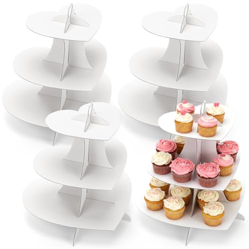 Willinglong 4 Pcs 3 Tier Heart Cupcake Stand White Cardboard Cake Stand Dessert Display Cupcake Tower Holder Decoration for Birthday Weddings Baby Shower Party Supplies