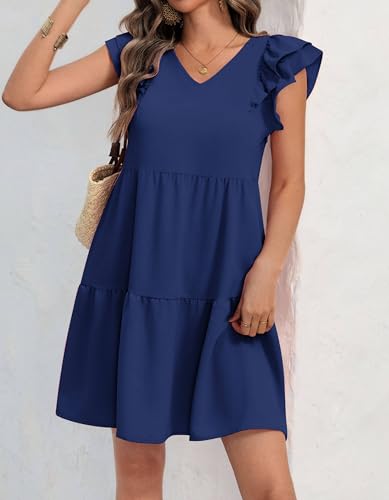 Zwurew Summer Babydoll Dresses for Women 2025 Cute Ruffle Cap Sleeve V-Neck Flowy Swing Mini Dress Sundress3