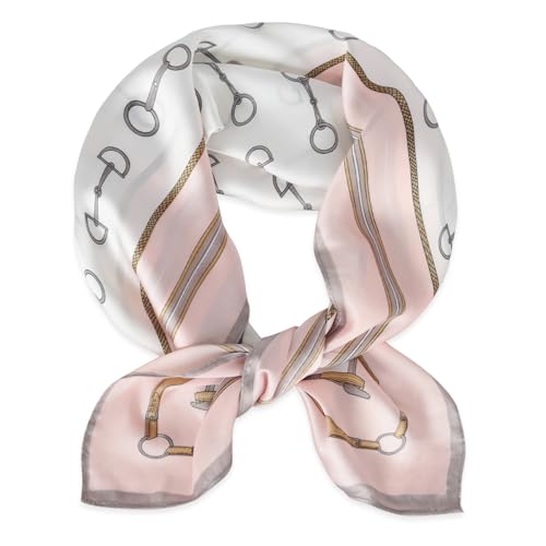 EXTREE Fashion Silky Satin Headscarf for Women Girls: Exquisite Pattern Lightweight Silk Graceful Scarfs 27.5 x 27.5 inches Pink Edge Horseshoe Buckle