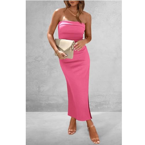 Dressnu Vestidos femininos com fenda justa, vestidos longos, bustiê lateral, rosa, P