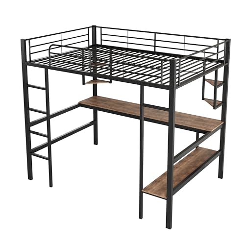 Azkoeesy Letto a soppalco in metallo, 90 x 200 cm, letto alto con scrivania 200 cm, scaffale per libri, per adolescenti e adulti, colore nero (90 x 200 cm)