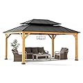 SUNJOY 12 x 16 ft. Wood Gazebo, Outdoor Patio Hardtop Gazebo Cedar Framed Wooden Gazebo with 2-Tier Metal Roof, Suitable for Patios, Lawn and Backyard, Matte Black Roof + Gray Wood Frame