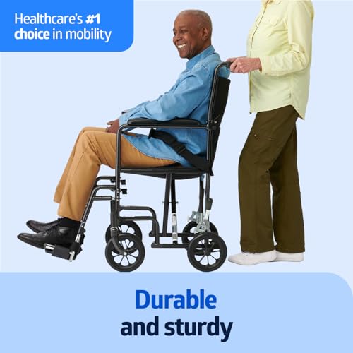 Medline Durable Folding Steel Transport Wheelchair with Swing-Away Footrests, 19-Inch Seat Width, Black Frame, Black Upholstery by Medline - Image 2
