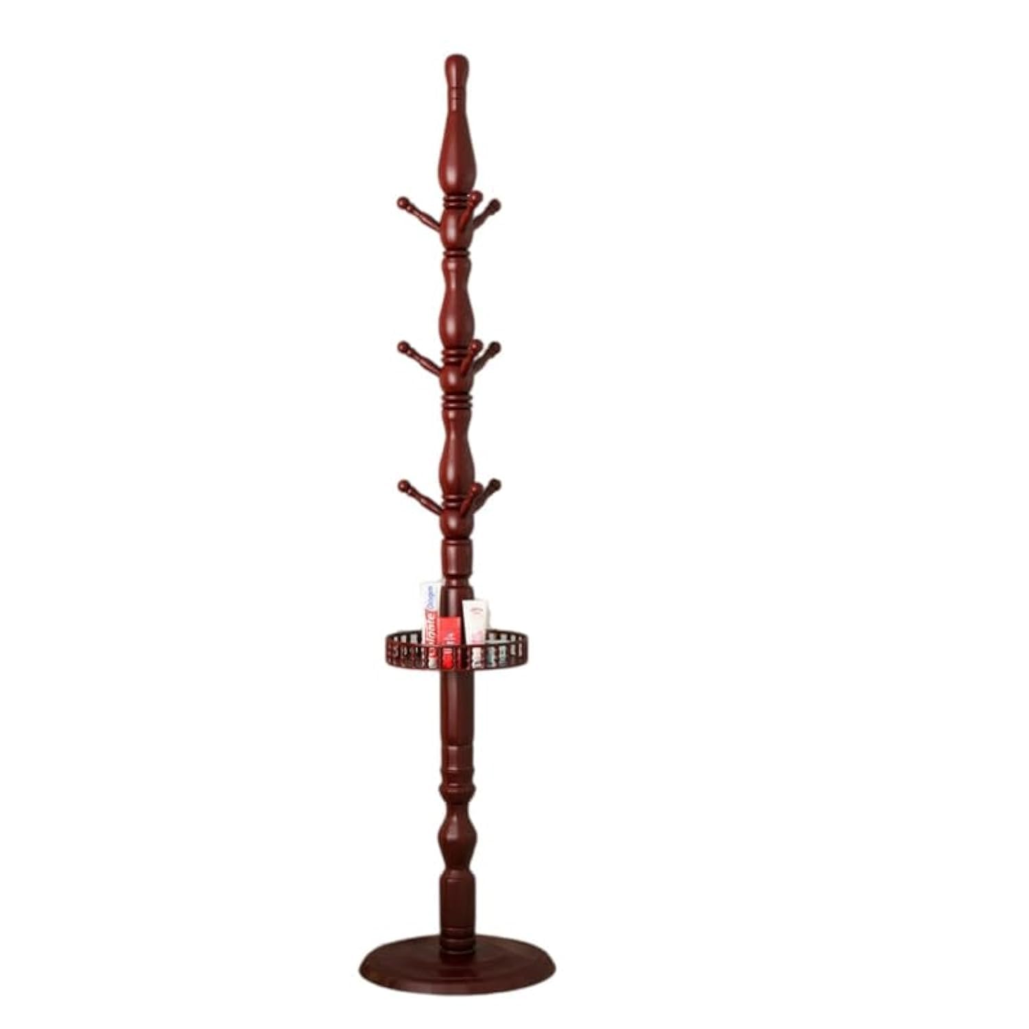Coat Rack, Birch Wooden Hall Tree Coat Rack Free Standing with 9 Hooks, Wooden Round Base?Coat Tree for Home/Office/Entryway/Hallway ?Dark Red ?