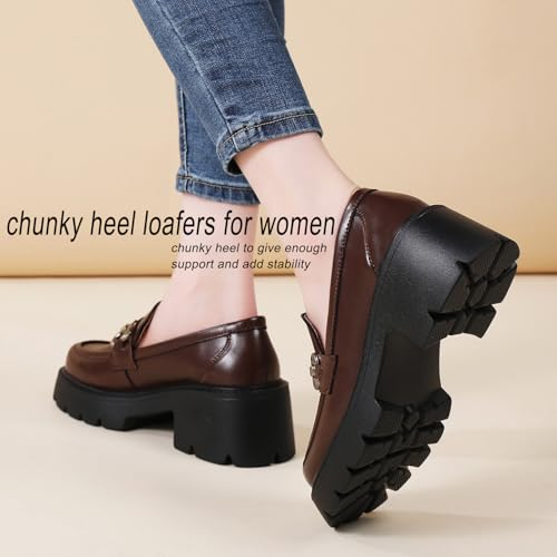 Image of Chunky Loafers Women Shoes Platform Loafers Womens Loafer Heel | Comfortable Penny Lightweight Metal Buckle Work Office Dress Business Casual Formal Ladies Women's Slip-Ons