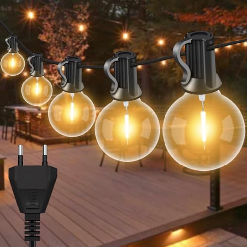 LED Lichterkette Außen 6M 9 Birnen + 1 Ersatz G40 Gluhbirnen ABS Kunststoff Lichterkette Strom lP44 Wasserdicht Outdoor Lichterkette Warmweiss fur Romantisch Garten Balkon Camping Hochzeit