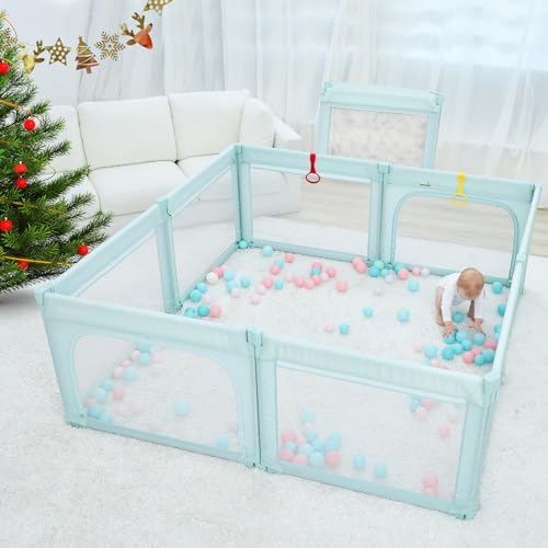 Image of Doradotey Baby Playpen, Shape Adjustable Large & Small Baby Playard for Babies and Toddlers, Foldable Playpen Baby Fence Indoors Play Center Yards, Breathable Mesh Anti-Fall Play Pens(71x79 Green)