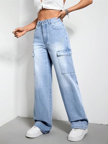Image of KOTTY Women's Solid High Rise Relaxed Fit Cargo Jeans