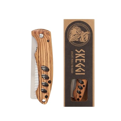 Skeggi Folding Beard Comb Wooden & Stainless Steel Beard Combs for Men Fine Tooth Hair Comb Beard Brush for Men Moustache Comb Premium Grooming Metal & Wooden Beard Combs with Gift Box
