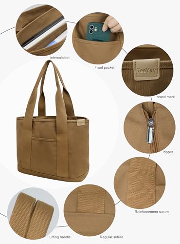 Image of TeeYee 16oz Canvas Tote Bag Casual Multi pockets Handbags Large Capacity Shopping Shoulder Bag with Pocket Bags Work Purses