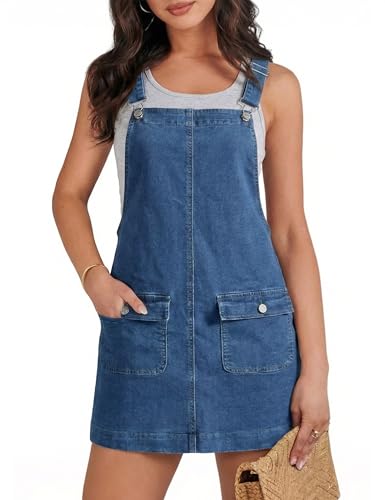 BISUAL Denim Overall Dress for Women Adjustable Strap Flap Pockets Jean Overalls Dress Sleeveless Casual Summer Jumper