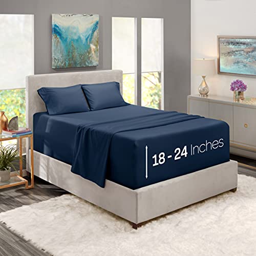Image of Nestl Full Bed Sheet Set - Navy Blue - 4-Piece Extra Deep Pocket | Instantly Soft, Night-One Ready (No Wash Required). Fits Extra Deep Pockets up to 24 Inches, 360-Degree Elastic Grip