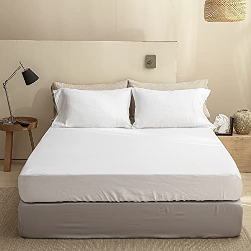 King Linens 100% Linen Fitted Sheet Stone Washed Solid Color - (1 Piece) 14 Inch Deep Pocket Mattress Cover Soft Natural Breathable Farmhouse - White, King Size #TOP7