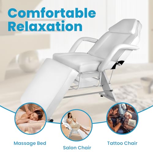 WETOXL Massage Salon Tattoo Chair Esthetician Bed with Hydraulic Stool,Multi-Purpose 3-Section Facial Bed Table, Adjustable Beauty Barber Spa Beauty Equipment, White